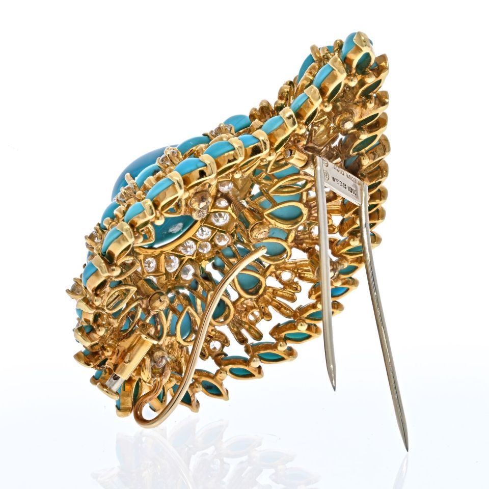 David Webb Platinum & 18K Yellow Gold 1970's Turquoise And Diamond Foliage Brooch - The Back Vault