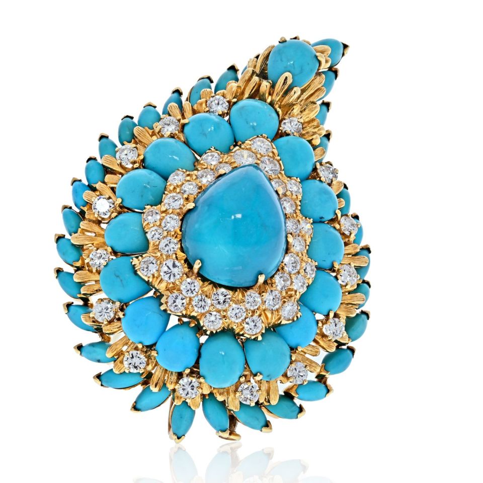 David Webb Platinum & 18K Yellow Gold 1970's Turquoise And Diamond Foliage Brooch - The Back Vault