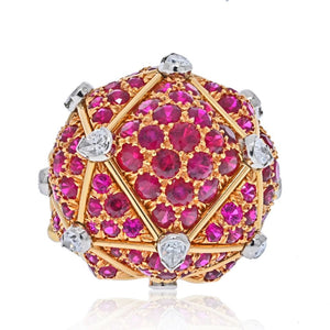 David Webb Platinum & 18K Yellow Gold Geodesic Diamond And Ruby Cocktail Ring