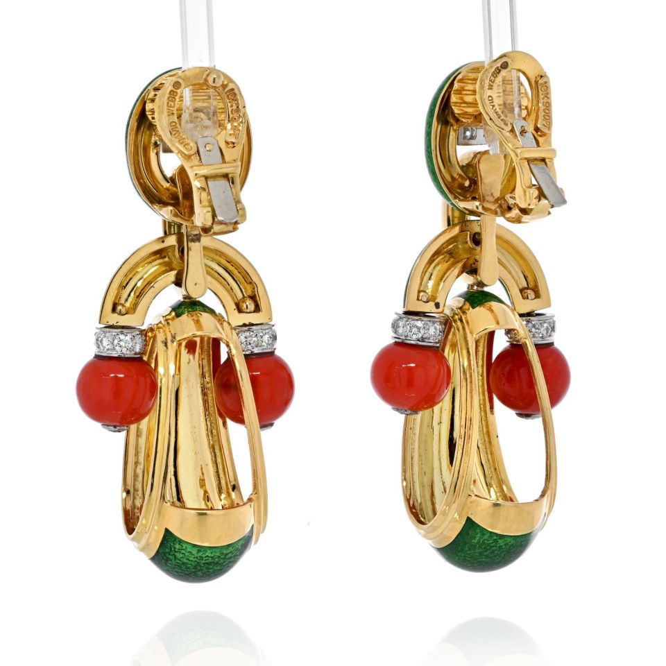 David Webb 18K Yellow Gold Coral, Green Enamel And Diamond Door Knocker Earrings - The Back Vault