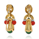 David Webb 18K Yellow Gold Coral, Green Enamel And Diamond Door Knocker Earrings - The Back Vault