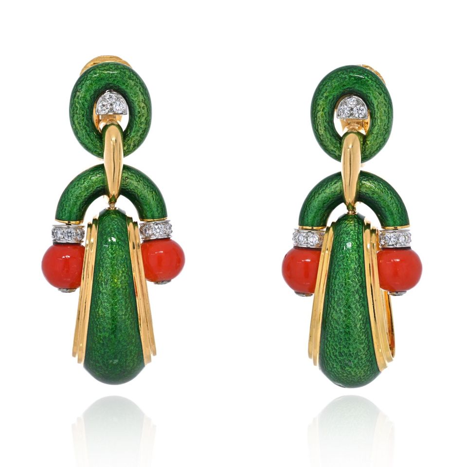 David Webb 18K Yellow Gold Coral, Green Enamel And Diamond Door Knocker Earrings - The Back Vault