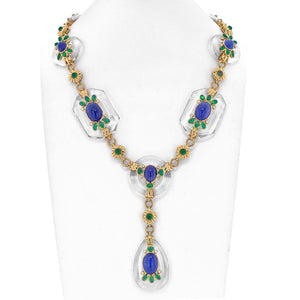 18K Yellow Gold Rock Crystal Floral Sautoir With Diamonds, Sapphires And Emerald Necklace