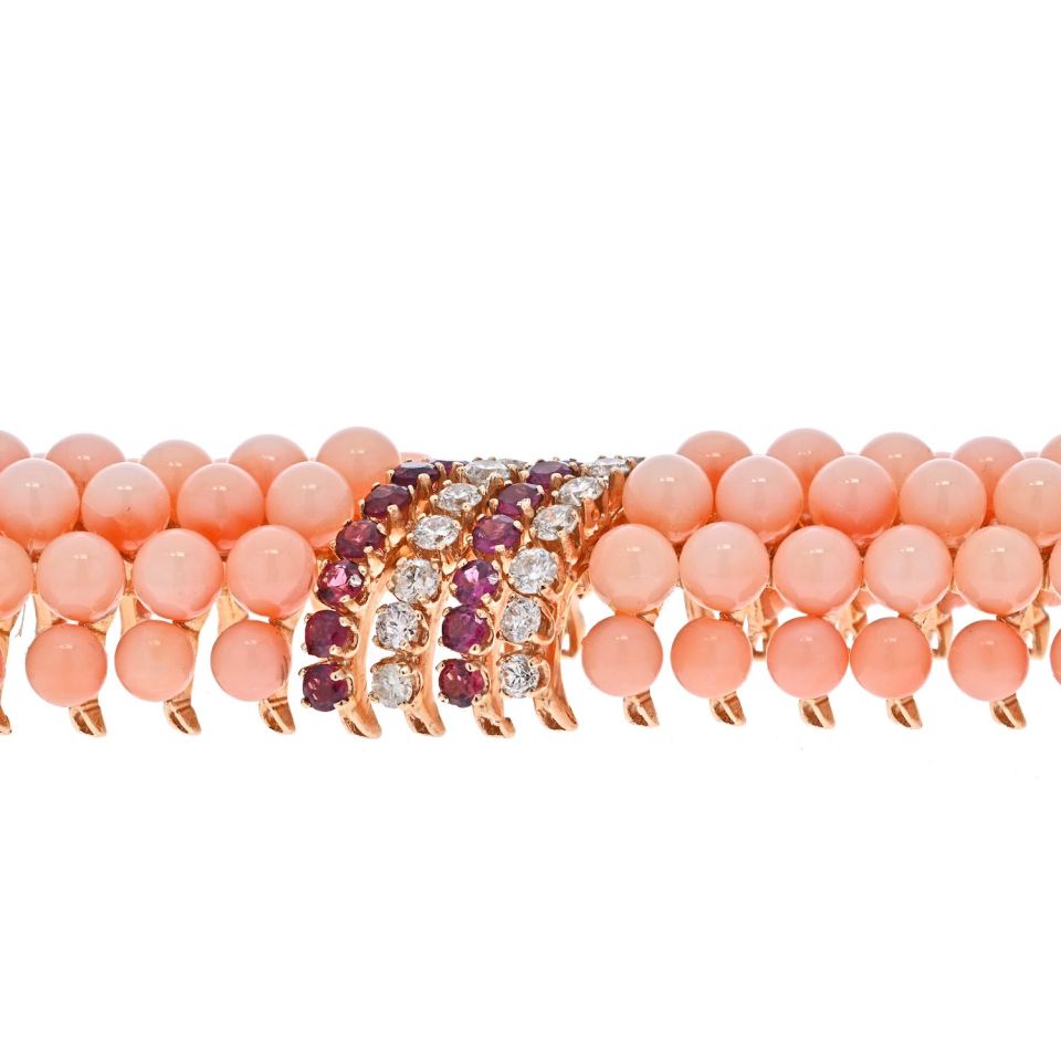 18K Yellow Gold Pink Coral Beads, Diamonds and Ruby Multi-row Bracelet - The Back Vault