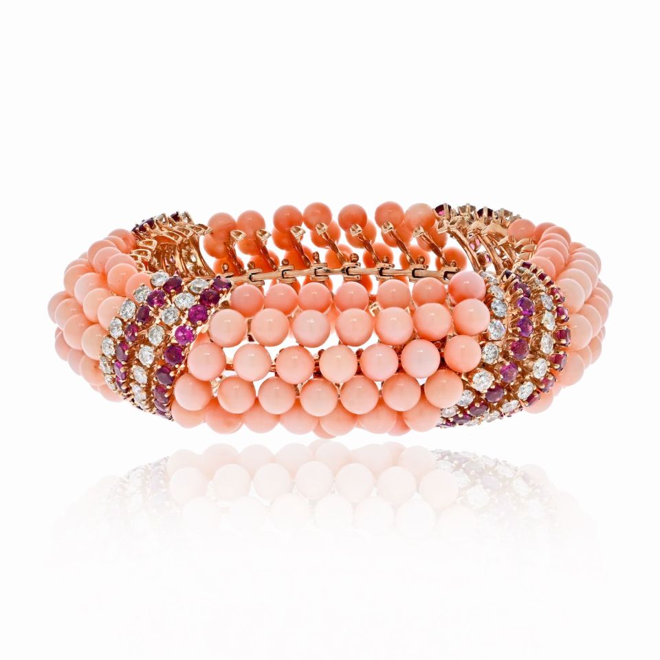 18K Yellow Gold Pink Coral Beads, Diamonds and Ruby Multi-row Bracelet - The Back Vault