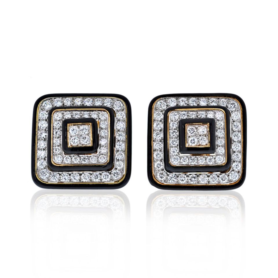 David Webb Black Enamel And Diamond Square Shaped Earrings - The Back Vault