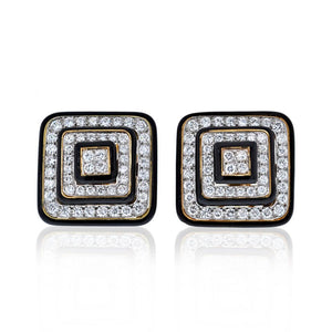 David Webb Black Enamel And Diamond Square Shaped Earrings