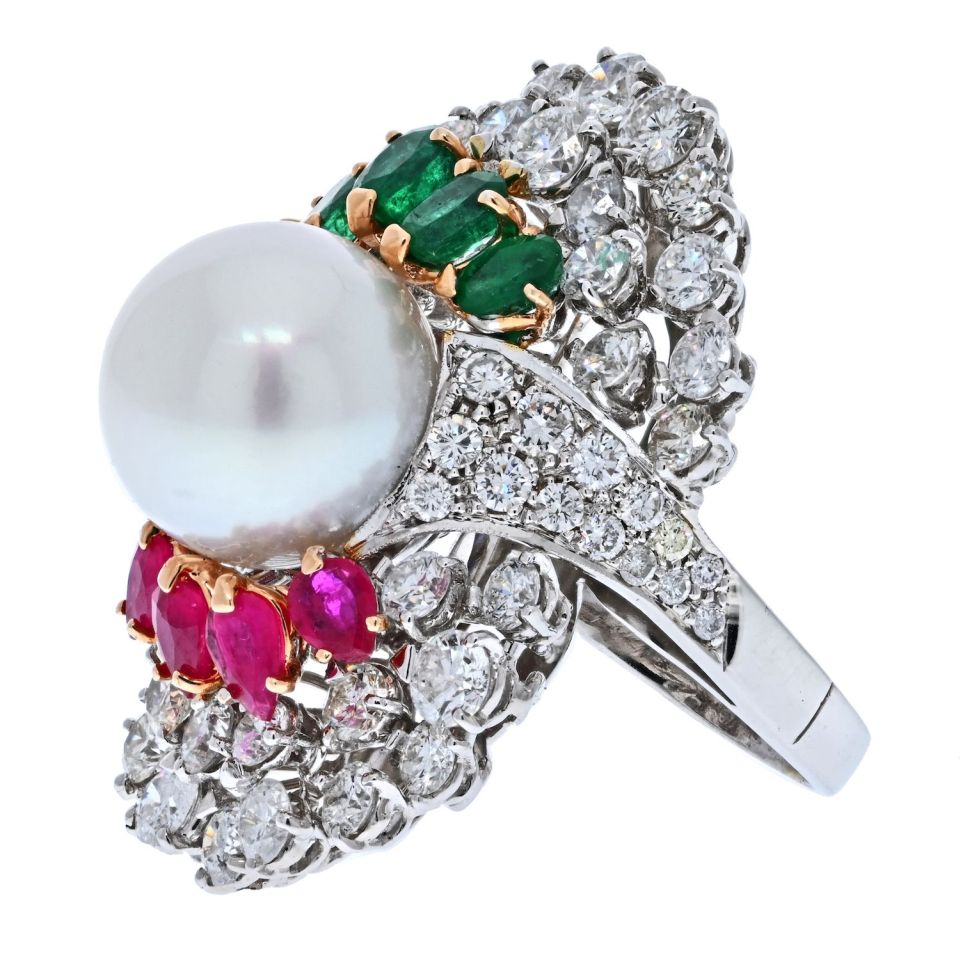 14K White Gold Diamond, Ruby, Emerald And South Sea Pearl Ring - The Back Vault