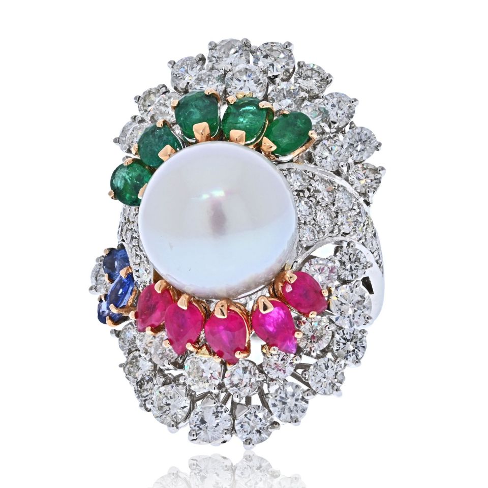 14K White Gold Diamond, Ruby, Emerald And South Sea Pearl Ring - The Back Vault