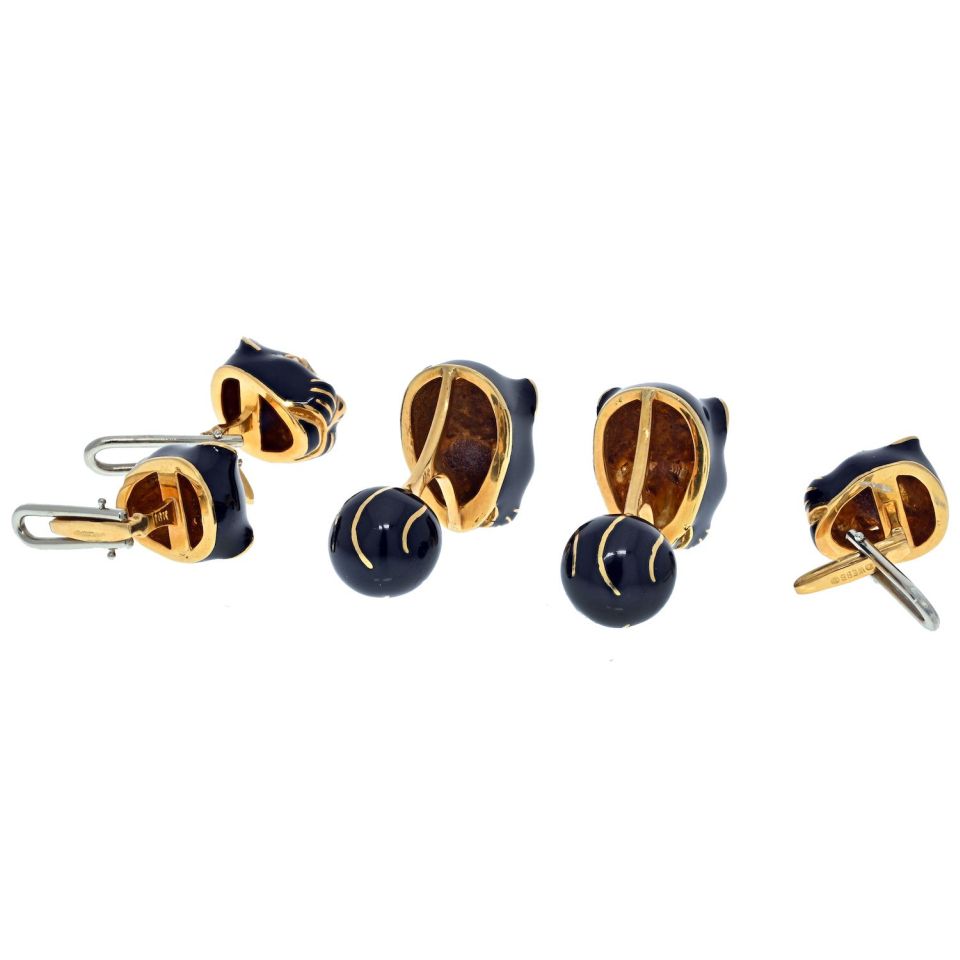 David Webb 18K Yellow Gold Black Enamel And Diamond Stud And Cufflinks Set - The Back Vault