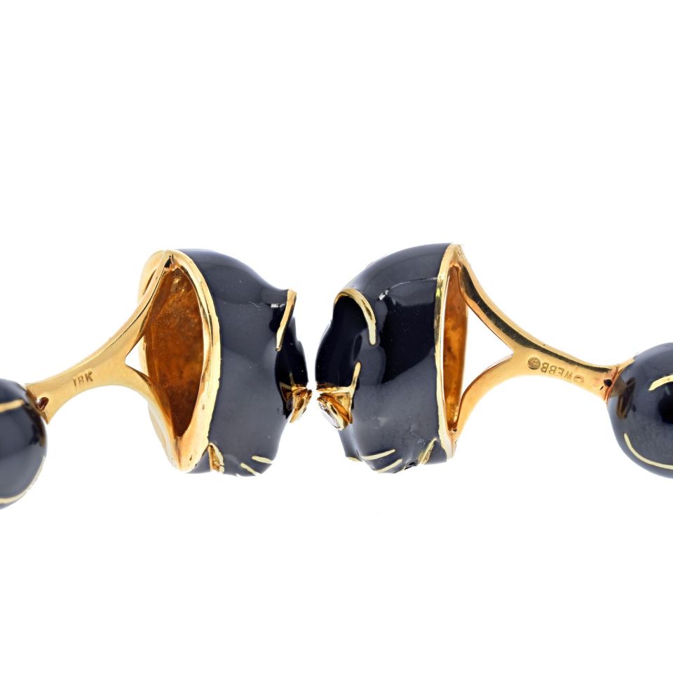 David Webb 18K Yellow Gold Black Enamel And Diamond Stud And Cufflinks Set - The Back Vault