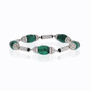 Platinum Green Emeralds, Diamonds and Onyx Vintage Bracelet