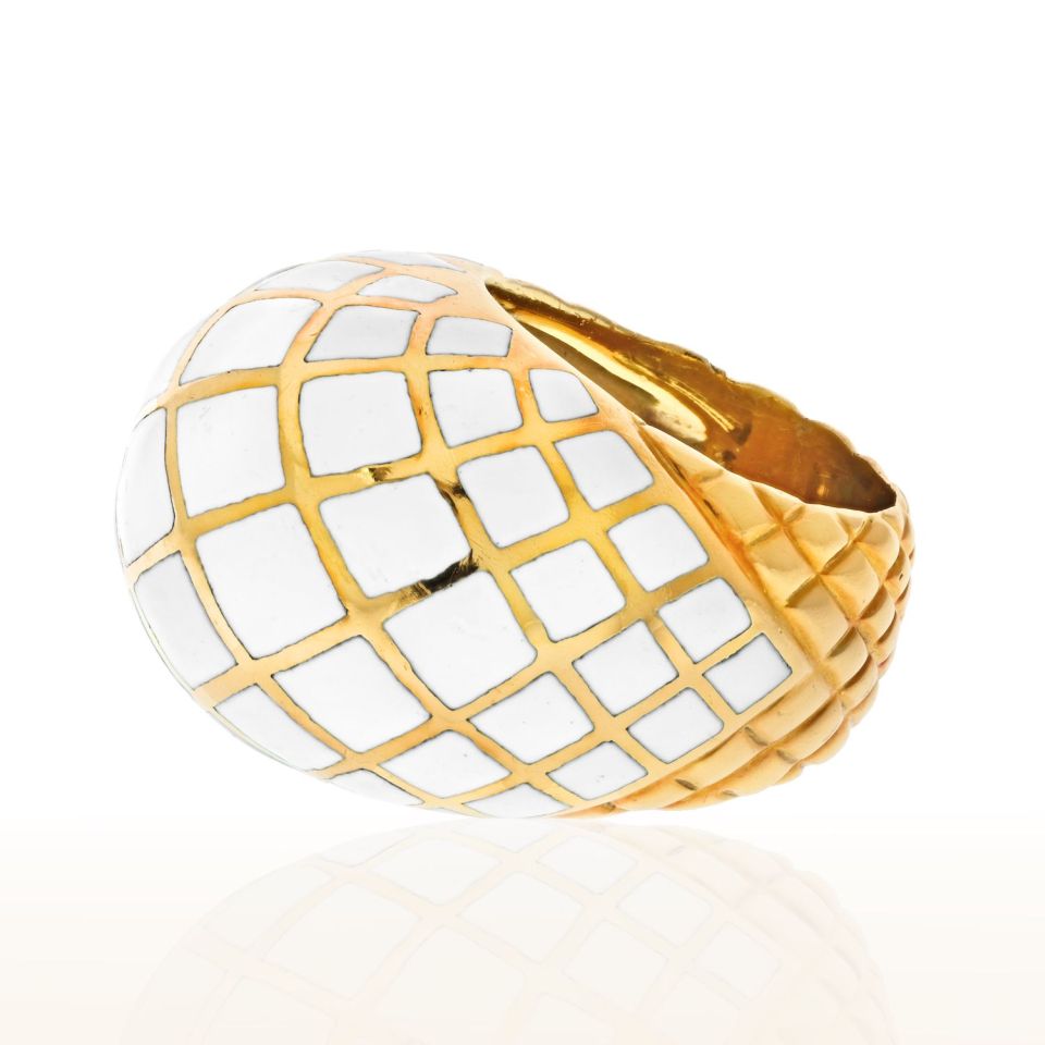 David Webb Platinum & 18K Yellow Gold White Enamel Checkerboard Pattern Bombe Ring - The Back Vault