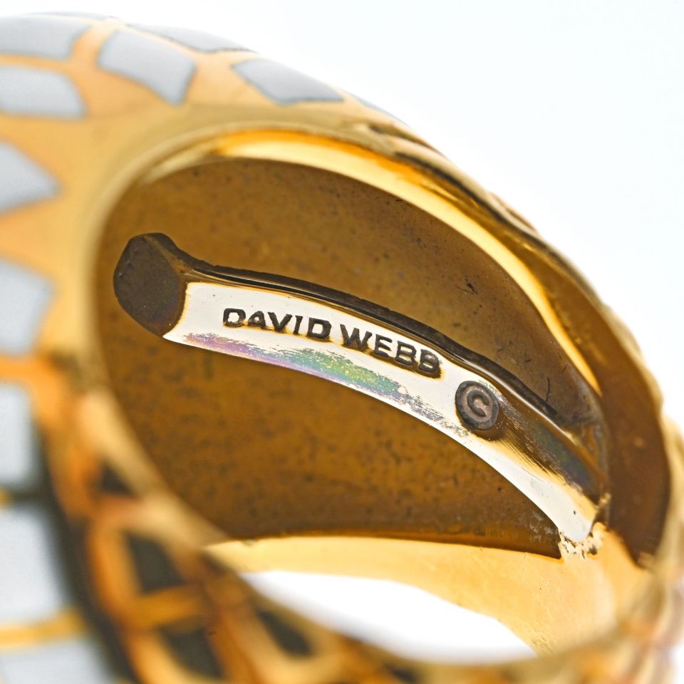 David Webb Platinum & 18K Yellow Gold White Enamel Checkerboard Pattern Bombe Ring - The Back Vault