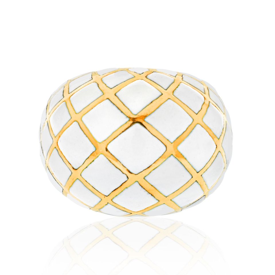 David Webb Platinum & 18K Yellow Gold White Enamel Checkerboard Pattern Bombe Ring - The Back Vault