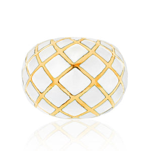 David Webb Platinum & 18K Yellow Gold White Enamel Checkerboard Pattern Bombe Ring