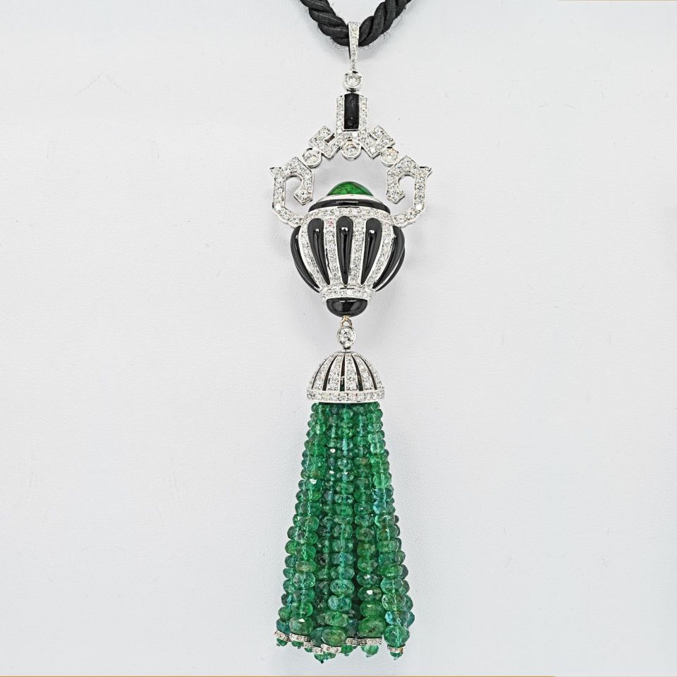 18K White Gold Estate Diamond, Onyx and Emerald Bead Tassel Pendant Necklace - The Back Vault