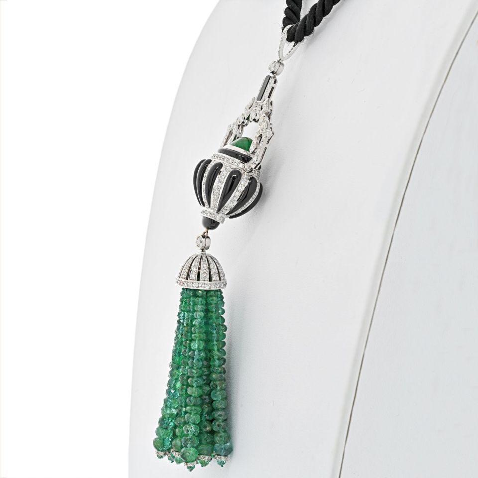 18K White Gold Estate Diamond, Onyx and Emerald Bead Tassel Pendant Necklace - The Back Vault