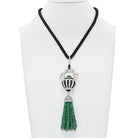 18K White Gold Estate Diamond, Onyx and Emerald Bead Tassel Pendant Necklace - The Back Vault