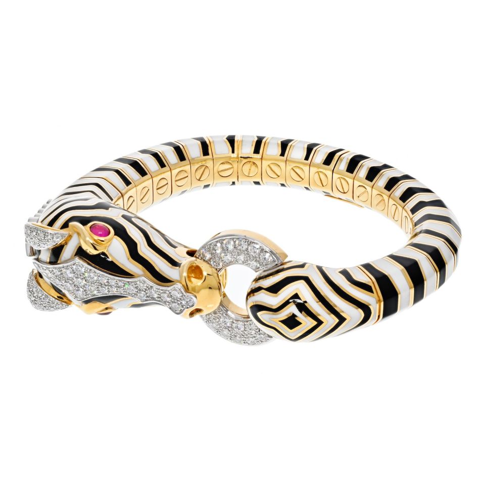 David Webb Platinum & 18K Yellow Gold Zebra With Ruby Eyes And Diamond Bracelet - The Back Vault