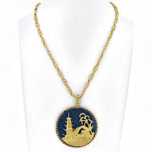 18K Yellow Gold  18K Gold Lapis Lazuli Medallion Asian Pagoda Temple Pendant Necklace