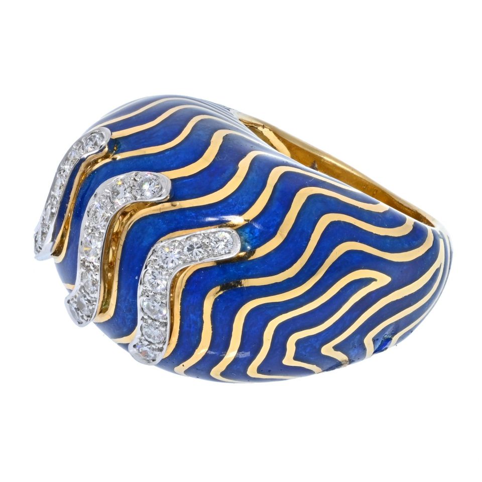 David Webb Platinum & 18K Yellow Gold Blue Enamel Bombe Diamond Ring - The Back Vault