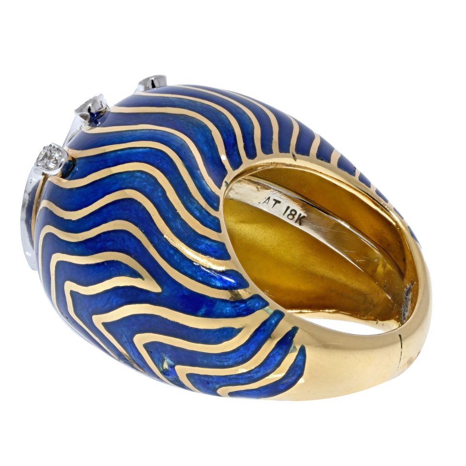 David Webb Platinum & 18K Yellow Gold Blue Enamel Bombe Diamond Ring - The Back Vault