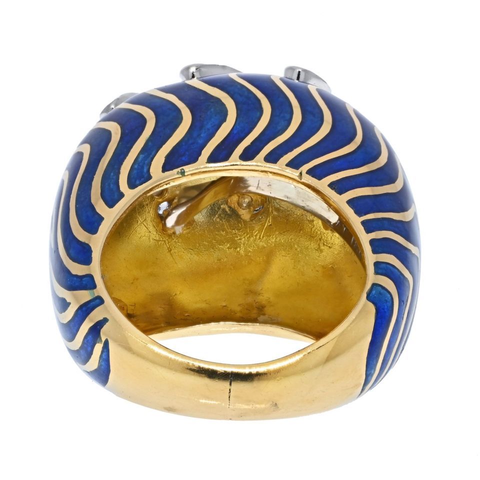 David Webb Platinum & 18K Yellow Gold Blue Enamel Bombe Diamond Ring - The Back Vault