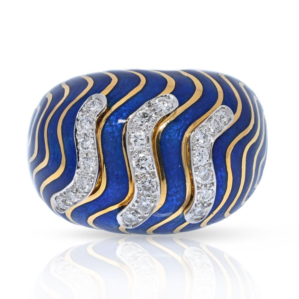 David Webb Platinum & 18K Yellow Gold Blue Enamel Bombe Diamond Ring - The Back Vault