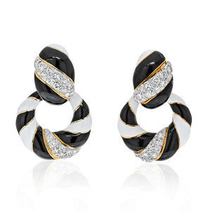 David Webb Platinum & 18K Yellow Gold Black And White Enamel And Diamond Doorknocker Earrings