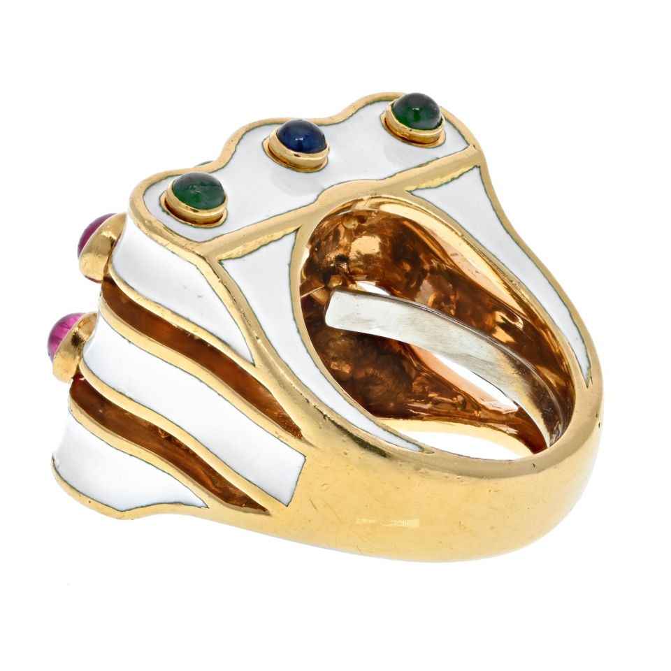 David Webb White Enamel Wave With Rubies, Emeralds And Sapphires Ring - The Back Vault