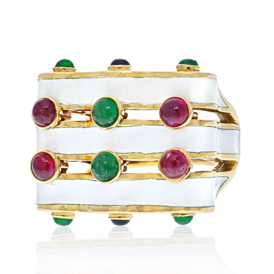 David Webb White Enamel Wave With Rubies, Emeralds And Sapphires Ring - The Back Vault