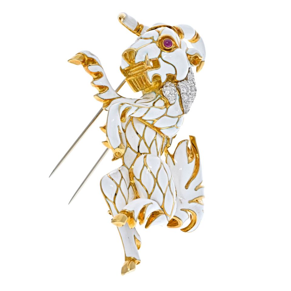 David Webb White Enamel Diamond Goat Brooch - The Back Vault