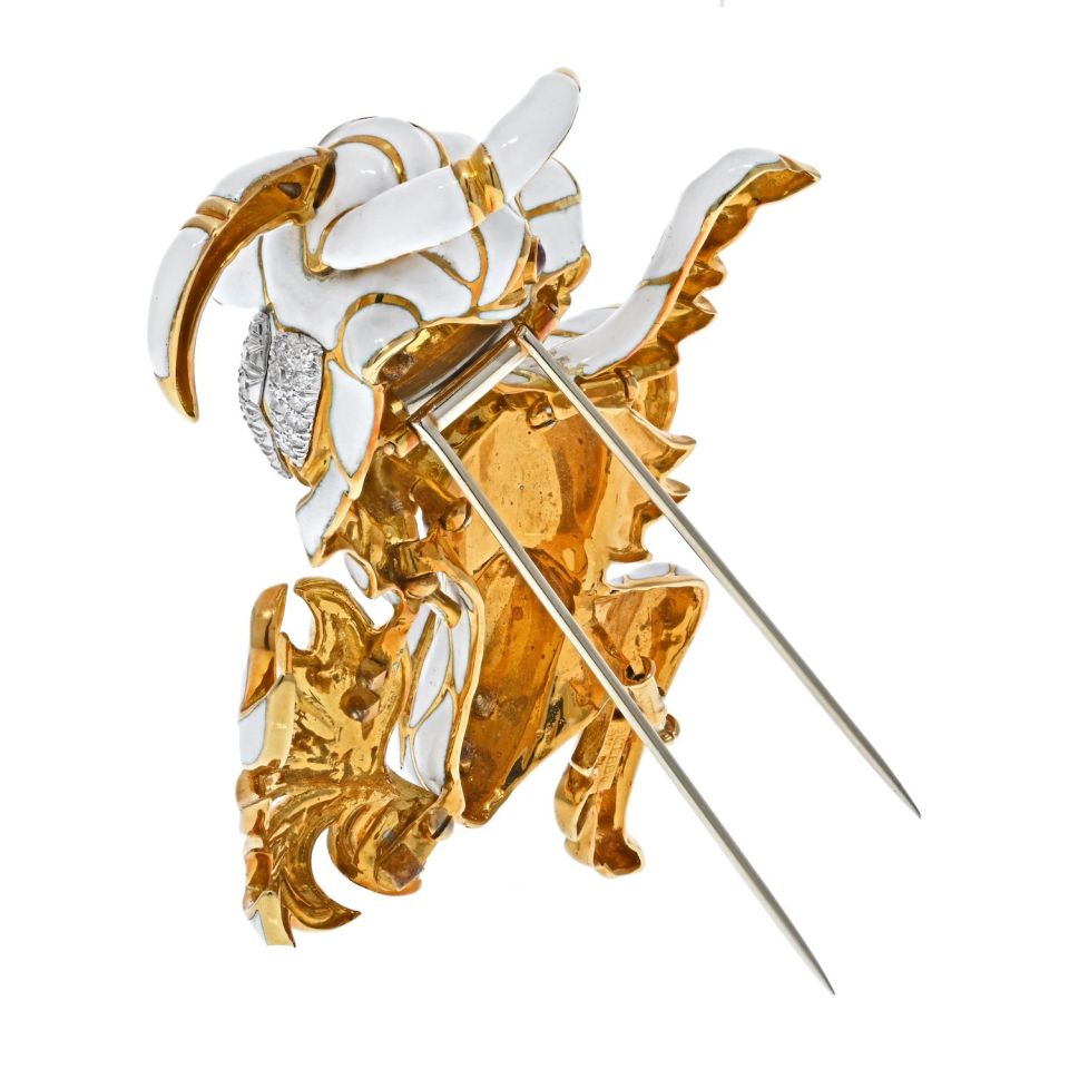 David Webb White Enamel Diamond Goat Brooch - The Back Vault