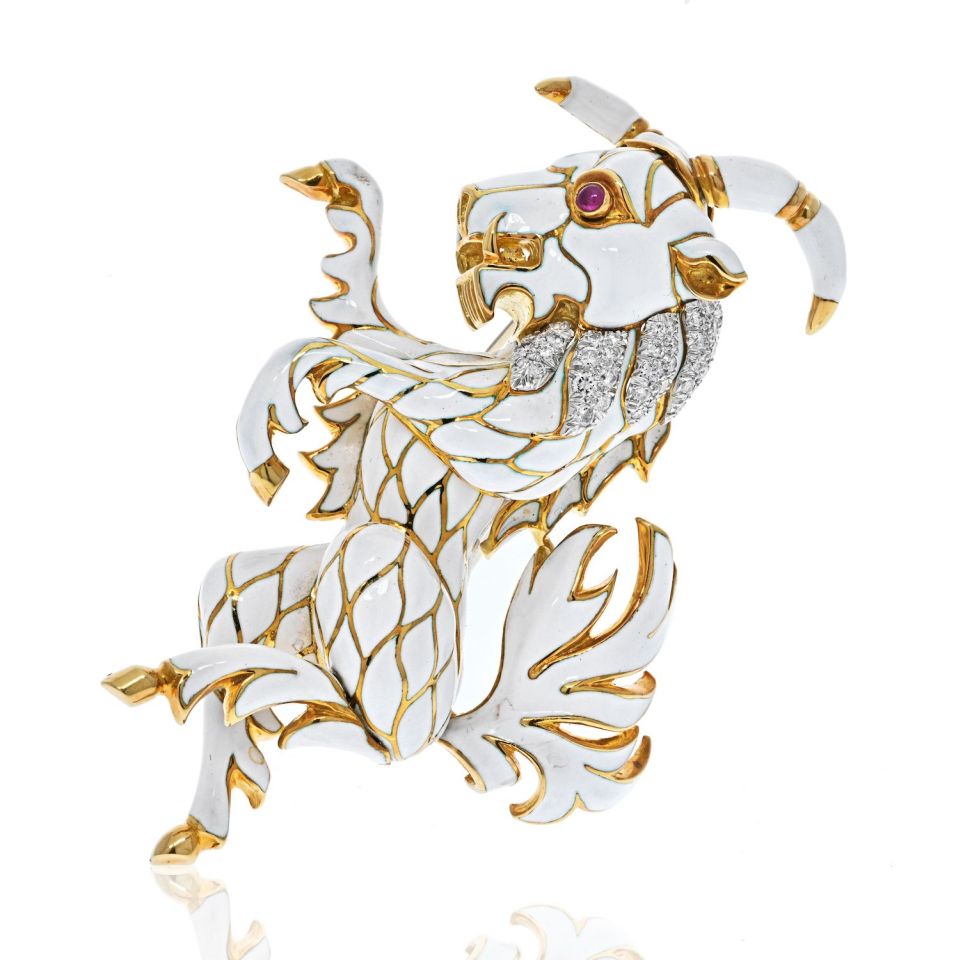 David Webb White Enamel Diamond Goat Brooch - The Back Vault