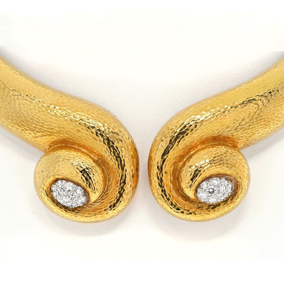 David Webb Platinum & 18K Yellow Gold Hammered Scroll Diamond Collar Necklace - The Back Vault