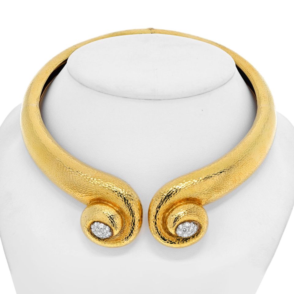 David Webb Platinum & 18K Yellow Gold Hammered Scroll Diamond Collar Necklace - The Back Vault