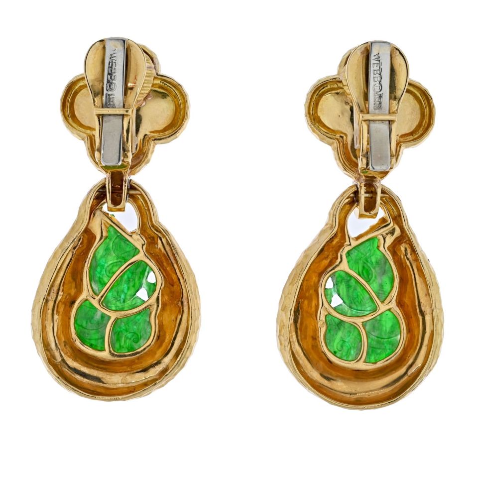 David Webb Platinum & 18K Yellow Gold Jade Teardrop Dangling Clip On Earrings - The Back Vault