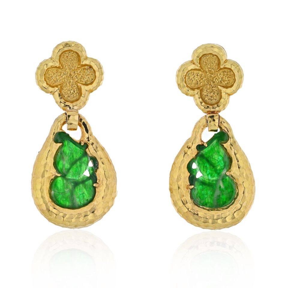 David Webb Platinum & 18K Yellow Gold Jade Teardrop Dangling Clip On Earrings - The Back Vault