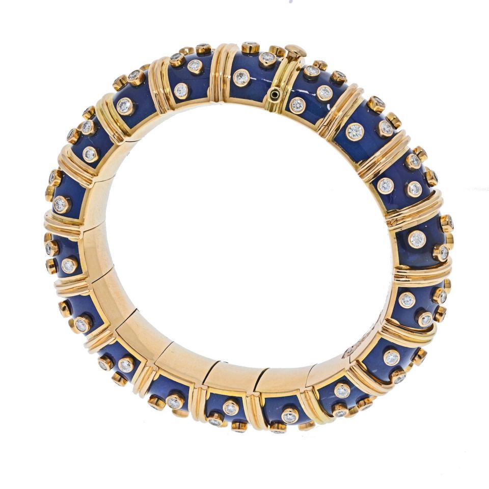 Tiffany & Co. Schlumberger 18K Yellow Gold Blue Enamel Diamond Bracelet - The Back Vault