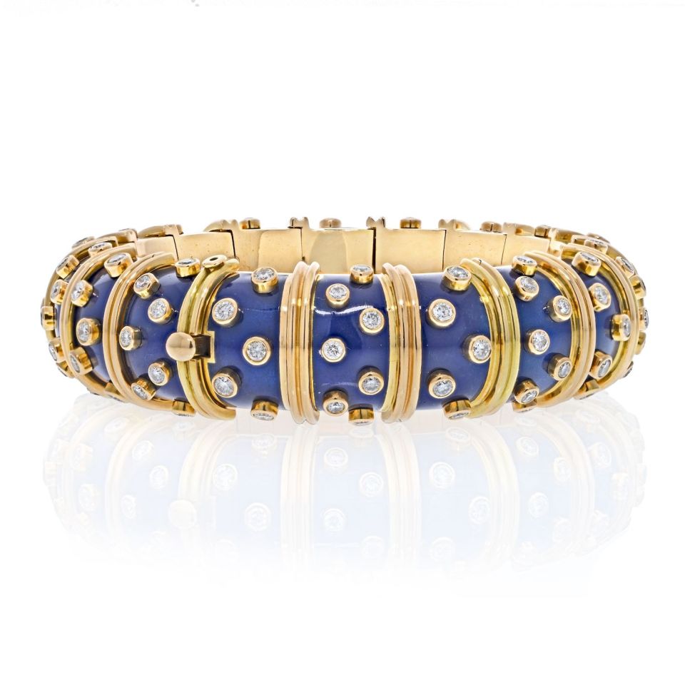 Tiffany & Co. Schlumberger 18K Yellow Gold Blue Enamel Diamond Bracelet - The Back Vault