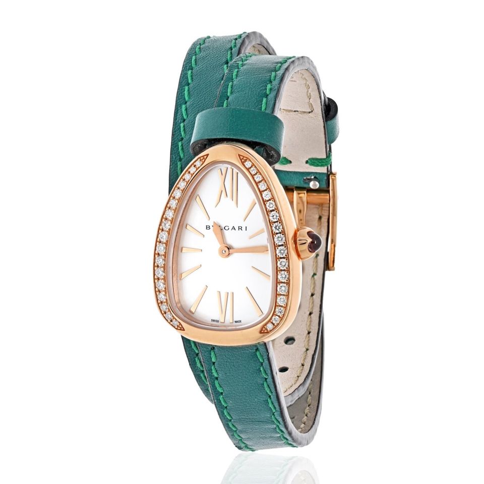 Bvlgari 18K Rose Gold Serpenti White Dial Leather Bracelet Diamond Ladies Watch - The Back Vault