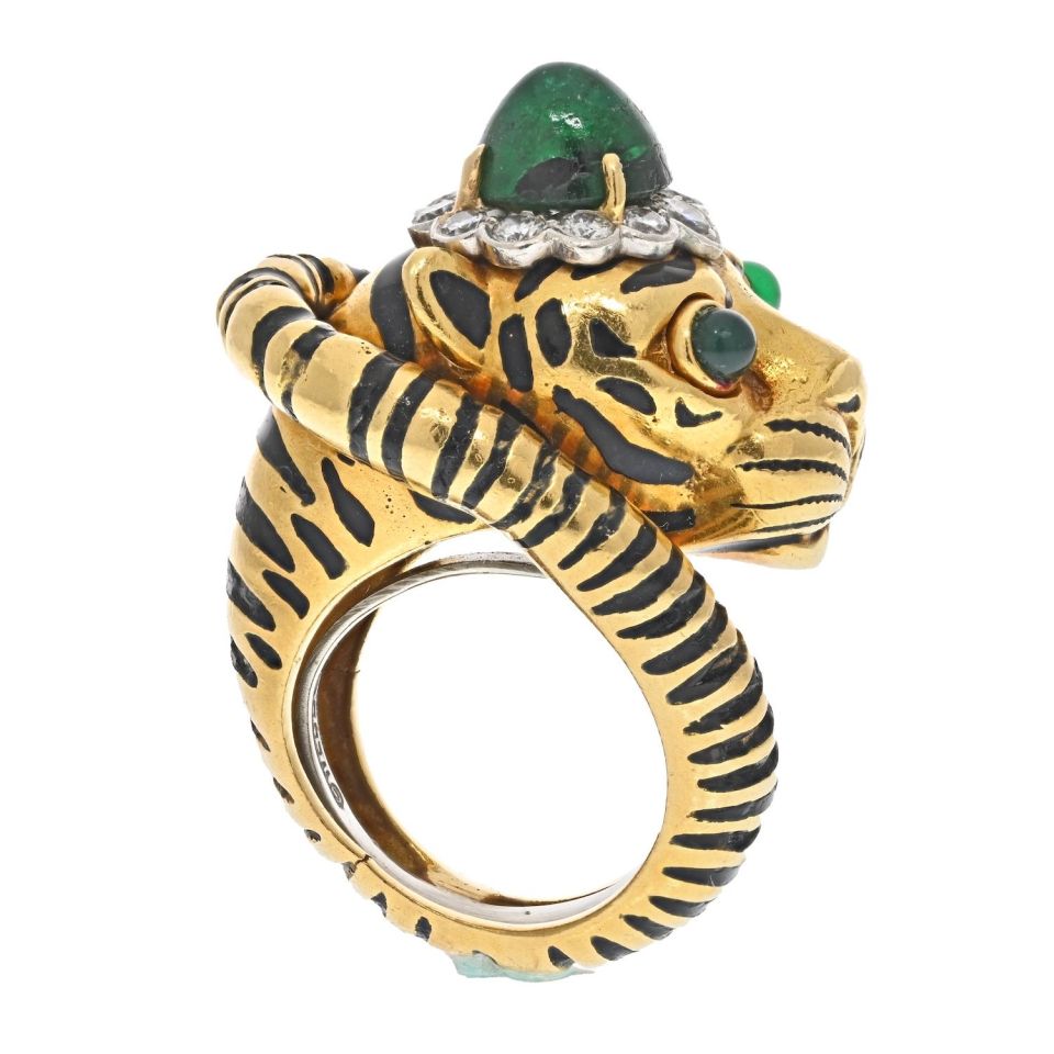 David Webb Platinum & 18K Yellow Gold Green Emerald And Diamond Tiger Ring - The Back Vault