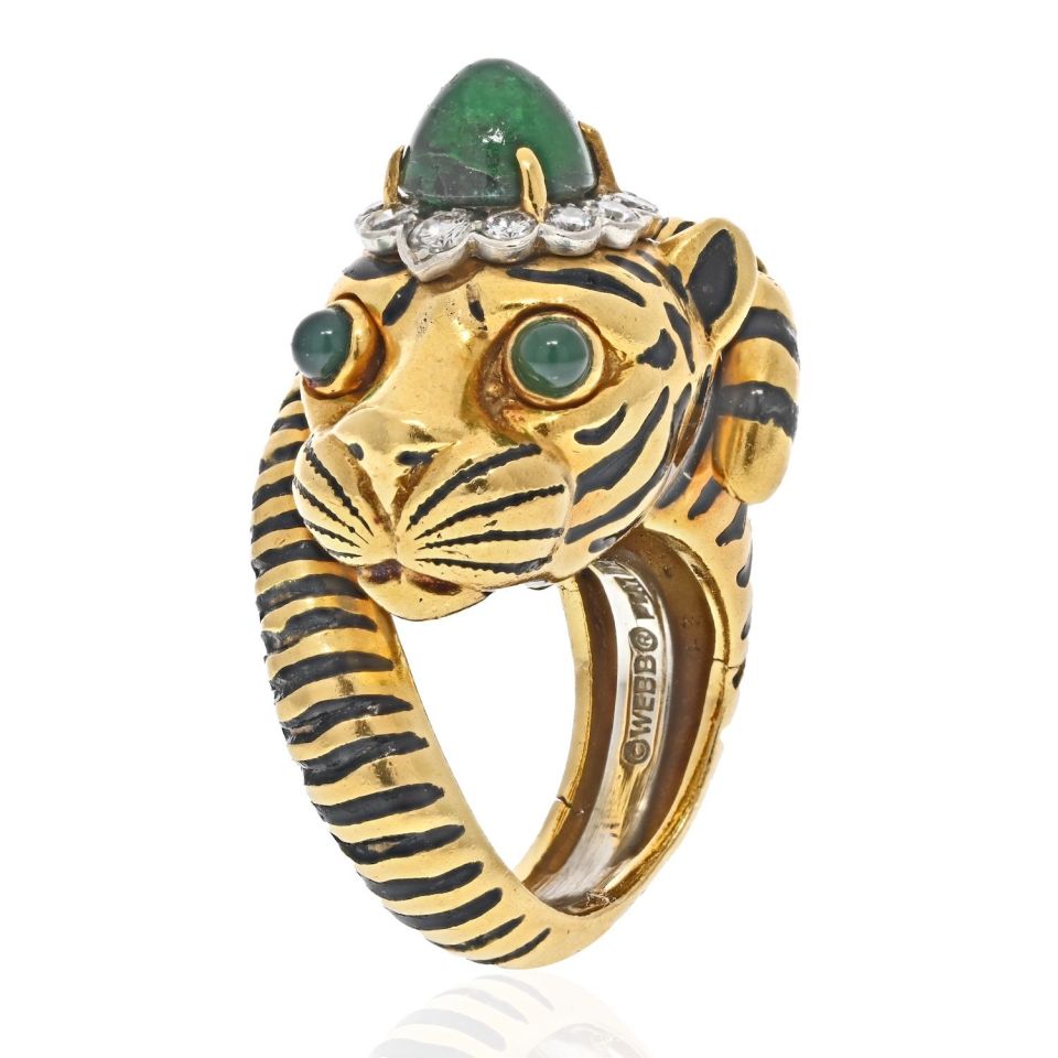 David Webb Platinum & 18K Yellow Gold Green Emerald And Diamond Tiger Ring - The Back Vault