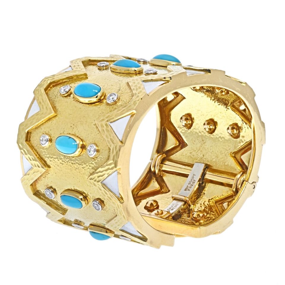 David Webb 18K Yellow Gold Rickrack Turquoise, Diamond, White Enamel Cuff Bracelet - The Back Vault