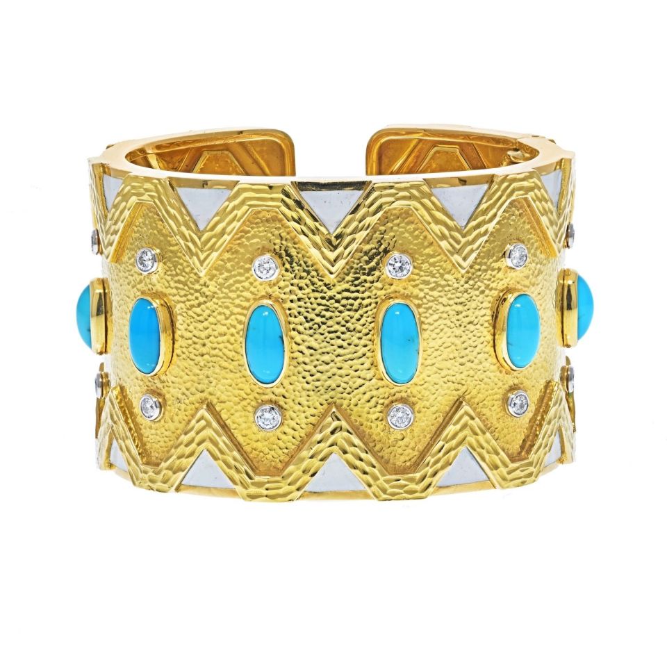 David Webb 18K Yellow Gold Rickrack Turquoise, Diamond, White Enamel Cuff Bracelet - The Back Vault