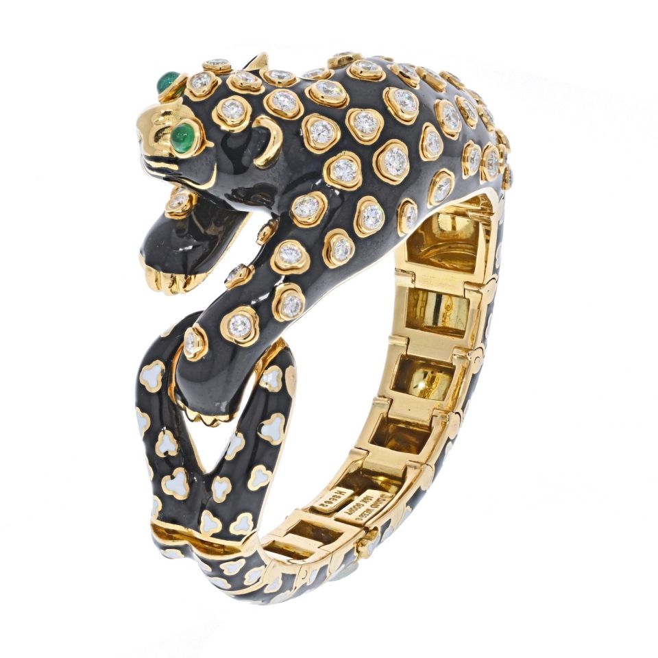 David Webb Platinum & 18K Yellow Gold Enamel, Diamonds Green Emeralds Leopard Bracelet - The Back Vault