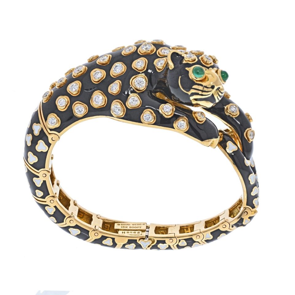 David Webb Platinum & 18K Yellow Gold Enamel, Diamonds Green Emeralds Leopard Bracelet - The Back Vault