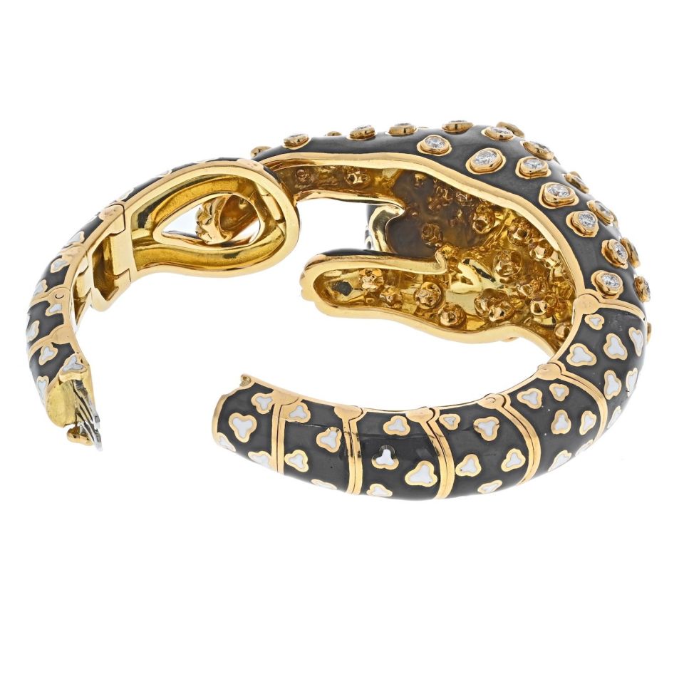 David Webb Platinum & 18K Yellow Gold Enamel, Diamonds Green Emeralds Leopard Bracelet - The Back Vault