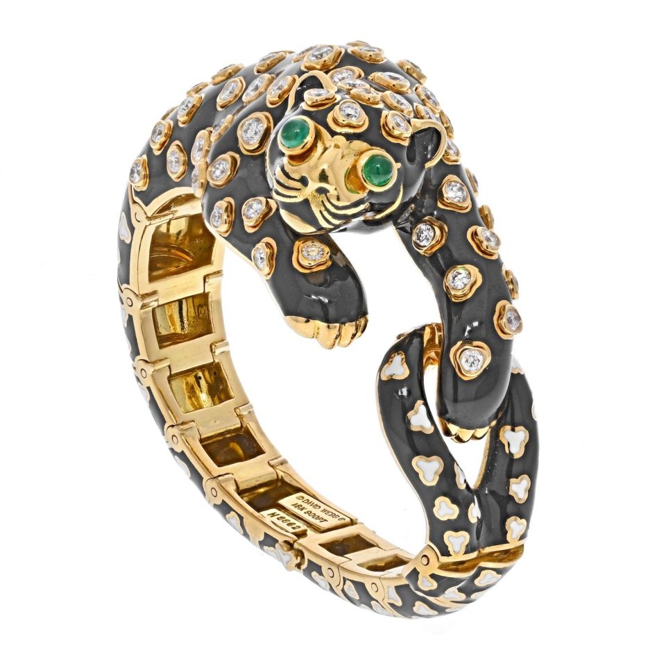 David Webb Platinum & 18K Yellow Gold Enamel, Diamonds Green Emeralds Leopard Bracelet - The Back Vault